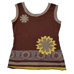 Floral Embellished Brown and Yellow Women's Tank Top